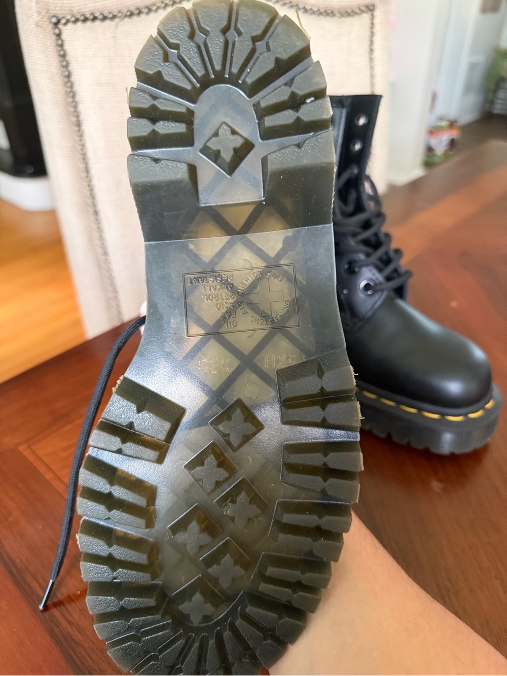 Dr. Martens Bex smooth Black Leather Lace-Up Combat Boots with Yellow Stitching - Picture 6 of 8